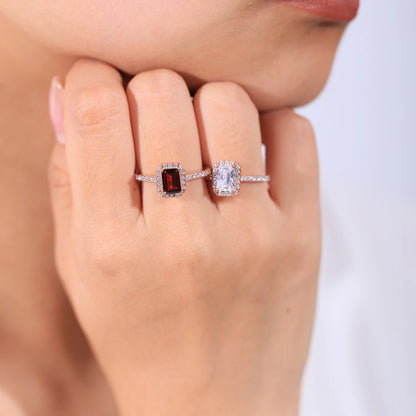 Choosen Jewelry: Emerald Cut Garnet Halo Engagement Ring Set in Sterling Silver