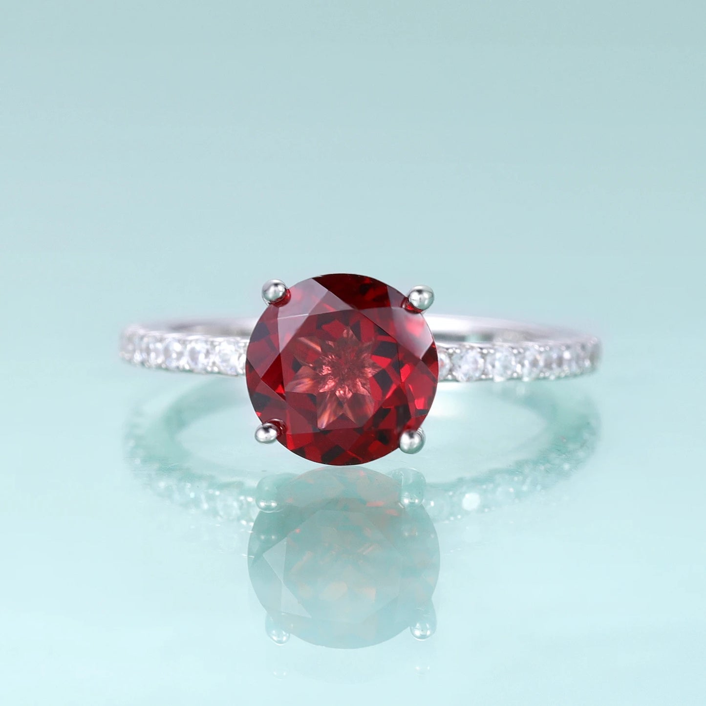 Choosen Jewelry: 8mm Red Garnet Engagement Ring with CZ Accents in 925 Sterling Silver