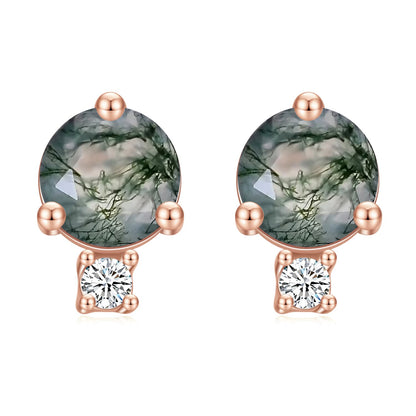 🌲Enhance your style with nature's artistry!, Ürünler Moss Agate Earrings, Natural Stone Jewelry, Sterling Silver, Round Cut Stud Earrings in Rose Gold