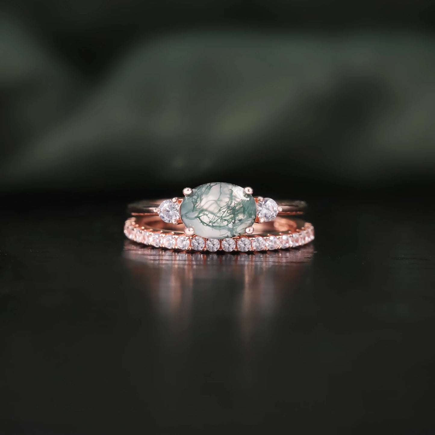 Oval Cut Moss Agate Pave Engagement Ring Set in Rose Gold - 925 Sterling Silver, with Round Cut CZ Side Stones, Moss Agate Promise Ring Set for Women