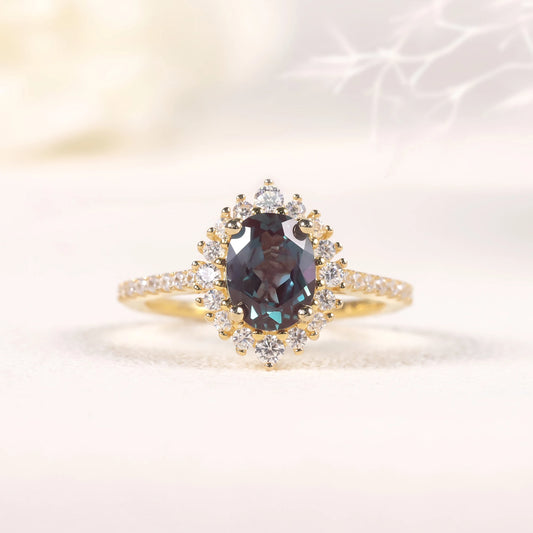 Oval Alexandrite Engagement Ring | Choosen Jewelry Sterling Silver Halo Bridal Ring