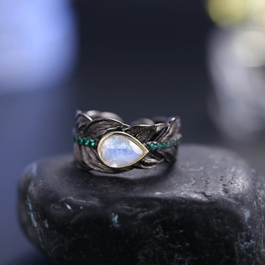 Handmade Milky Blue Moonstone Sterling Silver Ring - Choosen Jewelry Adjustable Feather Design