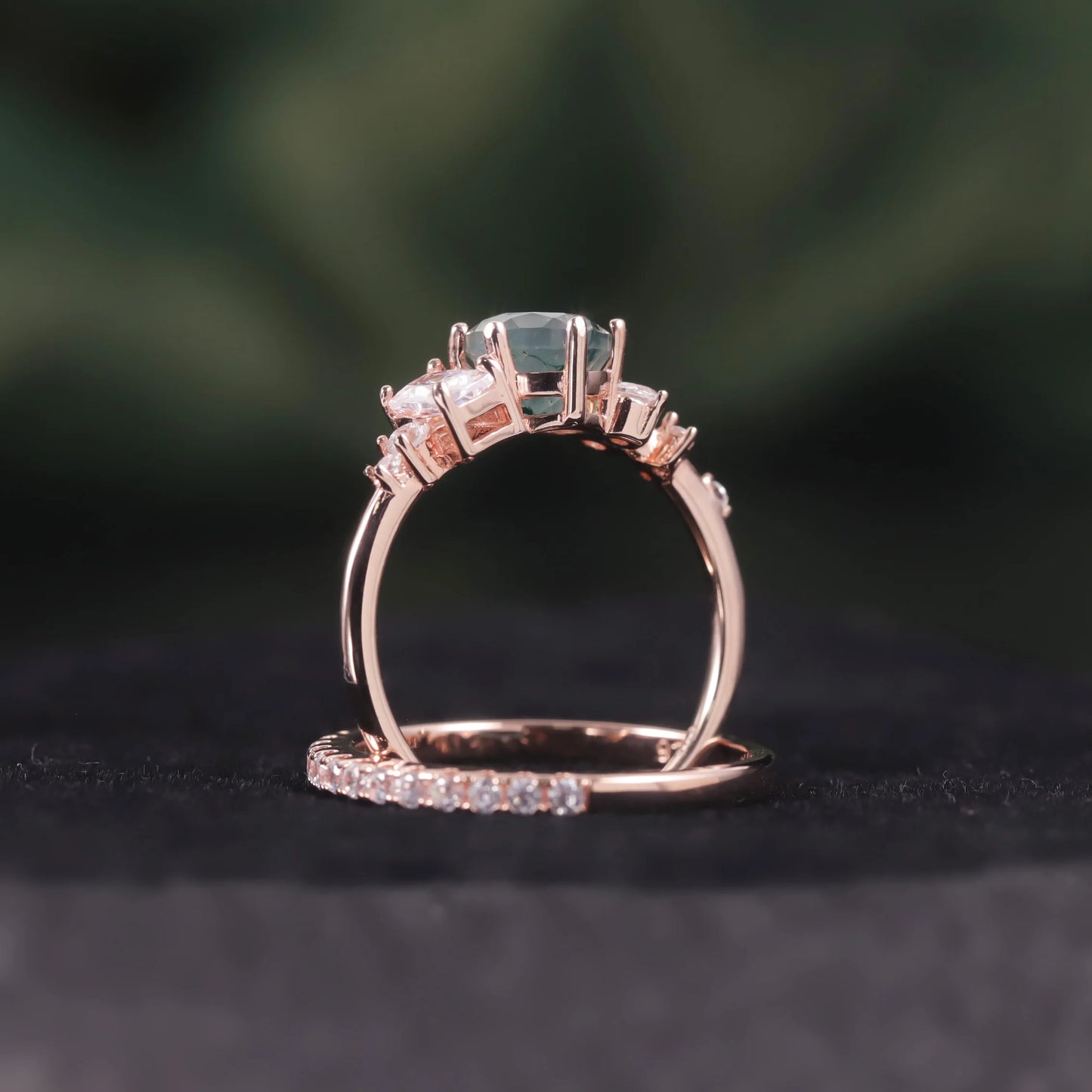 Round Cut Moss Agate Pave Engagement Ring Set in Rose Gold - 925 Sterling Silver, with Emerald and Round Cut CZ Side Stones, Moss Agate Promise Ring Set for Women