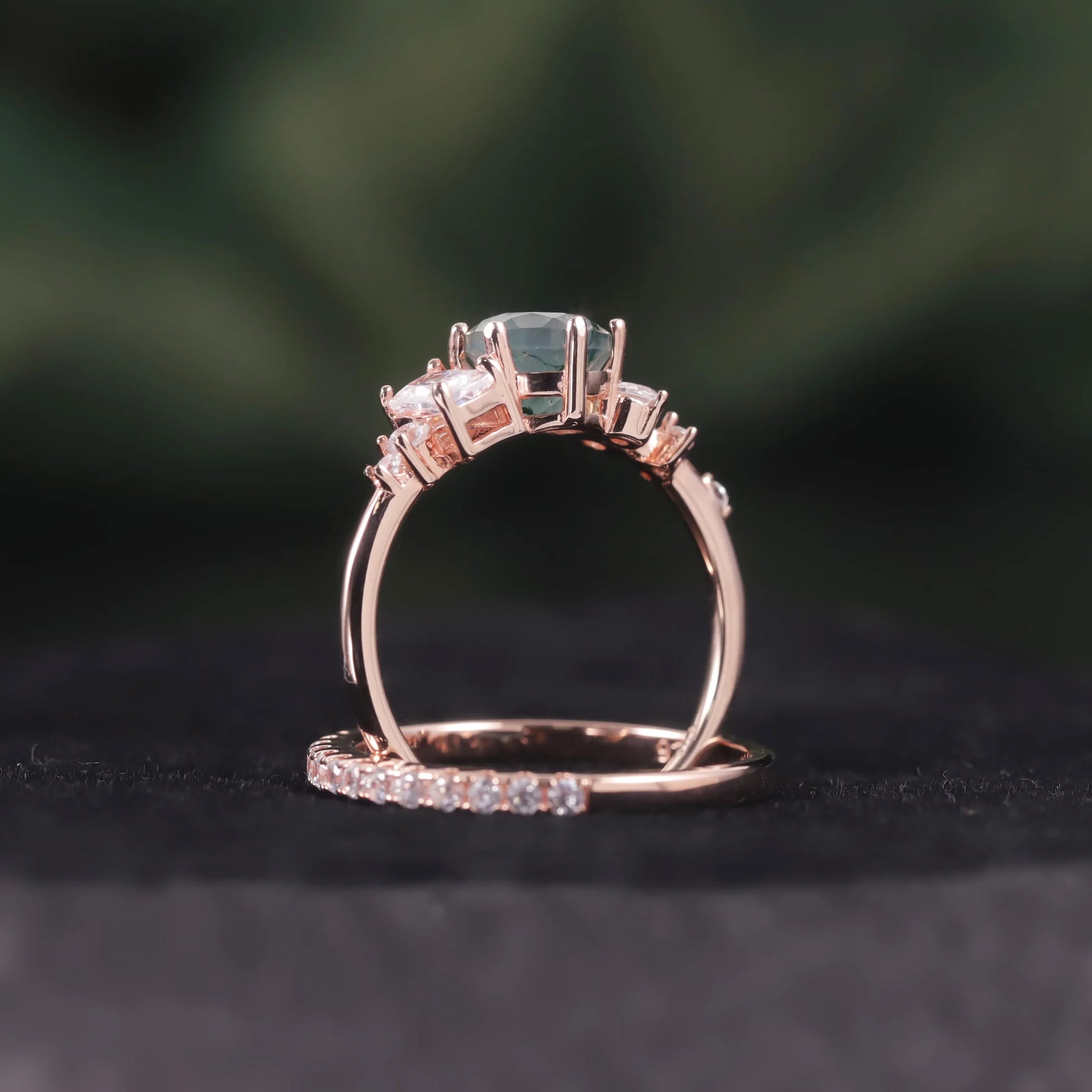 Round Cut Moss Agate Pave Engagement Ring Set in Rose Gold - 925 Sterling Silver, with Emerald and Round Cut CZ Side Stones, Moss Agate Promise Ring Set for Women