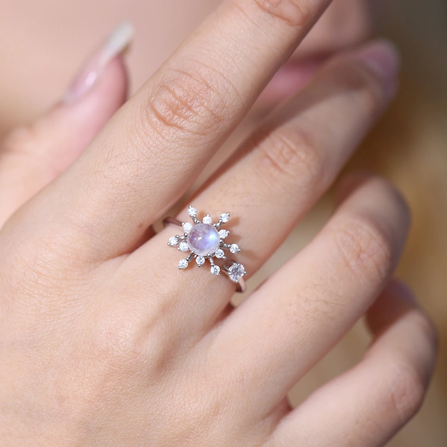 Choosen Jewelry: Snowflake Rainbow Moonstone Engagement Ring - 925 Sterling Silver, Adjustable, June Birthstone