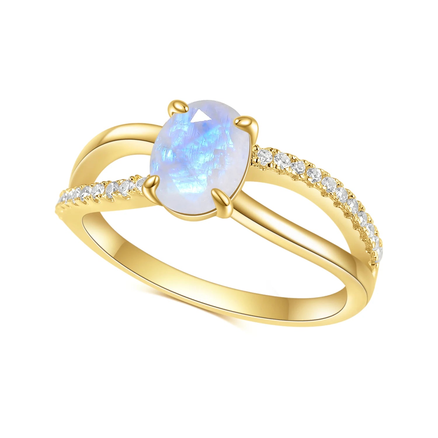 Elegant 18K Gold Filled Moonstone X-shaped Engagement Ring with Sparkling CZ in 925 Sterling Silver - Handmade Jewelry - Perfect Gift for Women