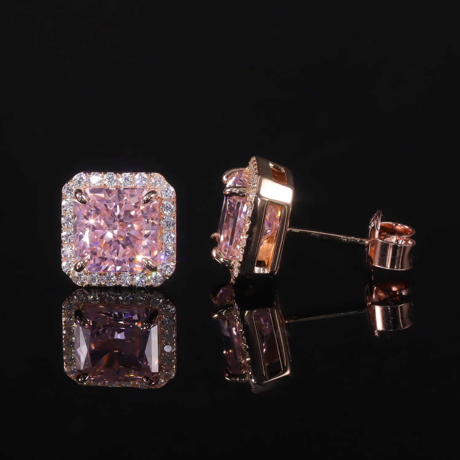 Choosen Jewelry: 925 Sterling Silver Pink CZ Diamond Halo Stud Earrings - Luxury Women's Gift