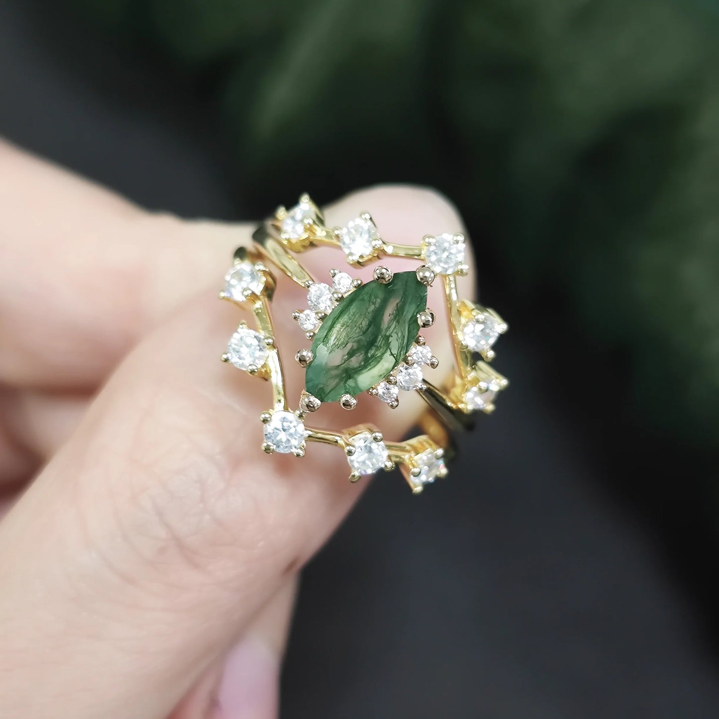 Marquise Cut Moss Agate Engagement Ring Set in Gold - 925 Sterling Silver, with Round Cut CZ Side Stones, Moss Agate Promise Ring Set for Women