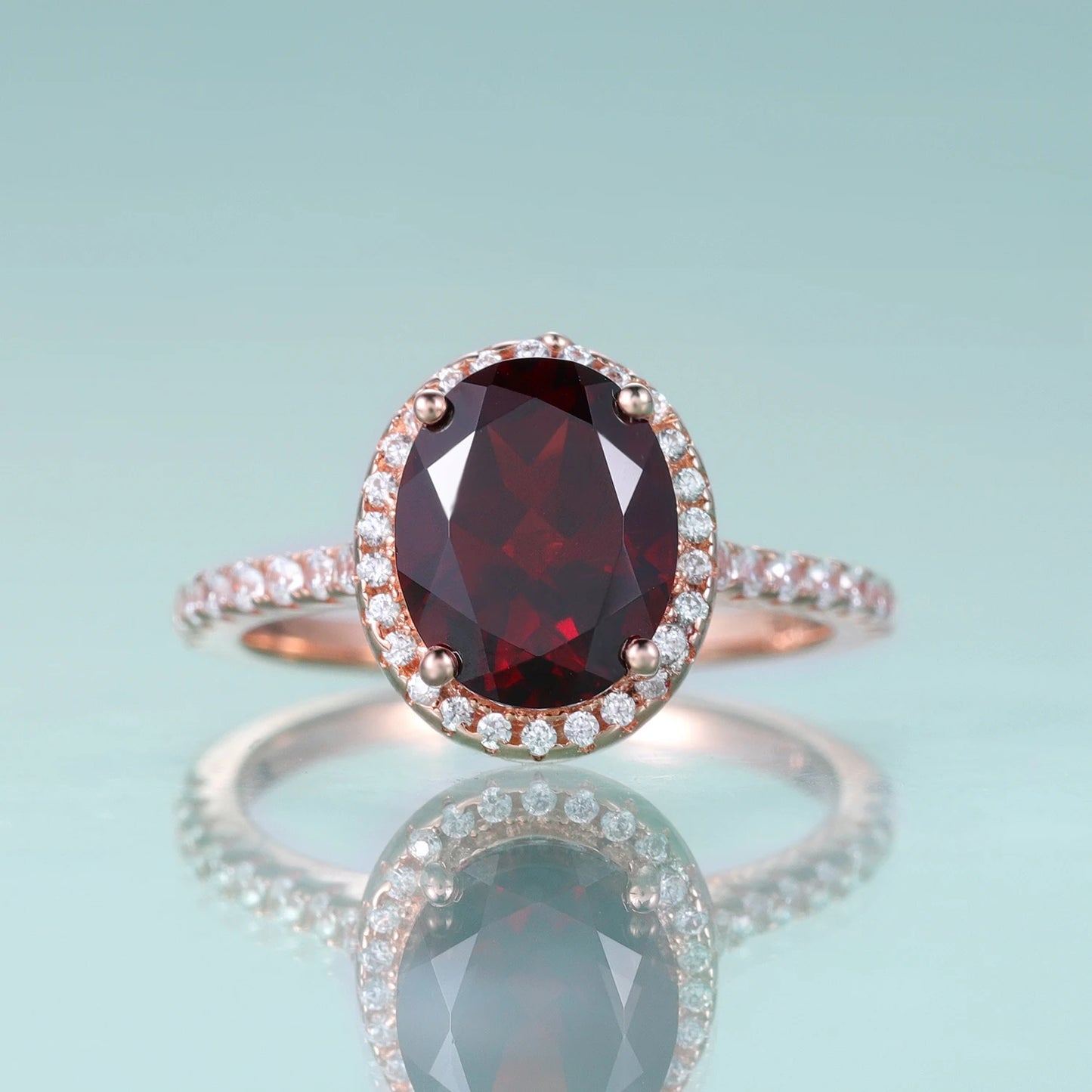 Oval Garnet Halo Engagement Ring with CZ Accents - Choosen Jewelry 925 Sterling Silver