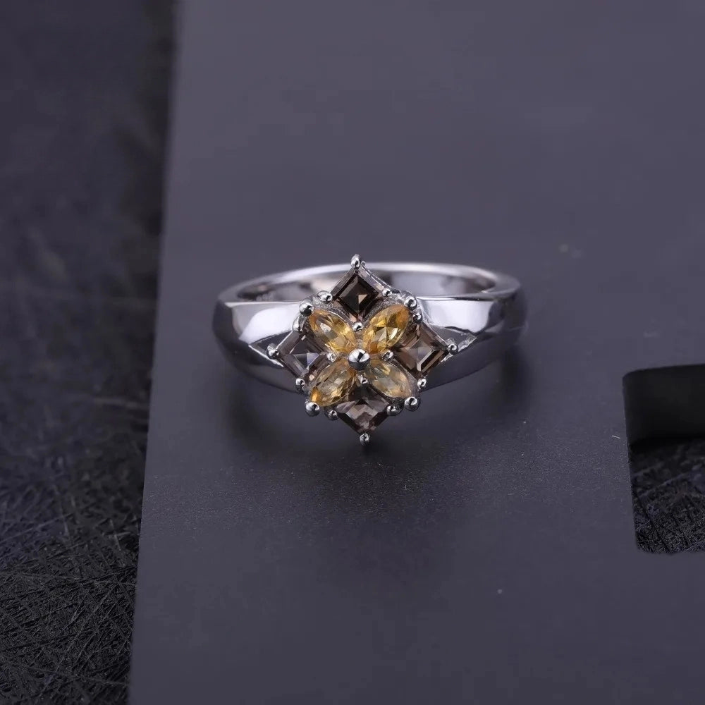 Sterling Silver Smoky Quartz and Citrine Cocktail Ring - Choosen Jewelry Fine 925 Wedding Band