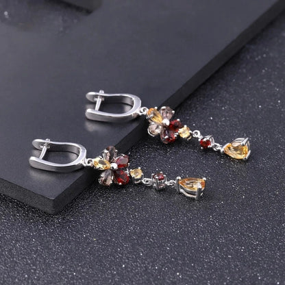 Sterling Silver Flower Drop Earrings with Garnet & Citrine - Choosen Jewelry