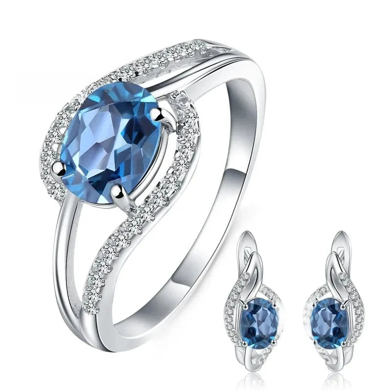 Choosen Jewelry: 13.7Ct Oval London Blue Topaz 925 Sterling Silver Earrings & Ring Set