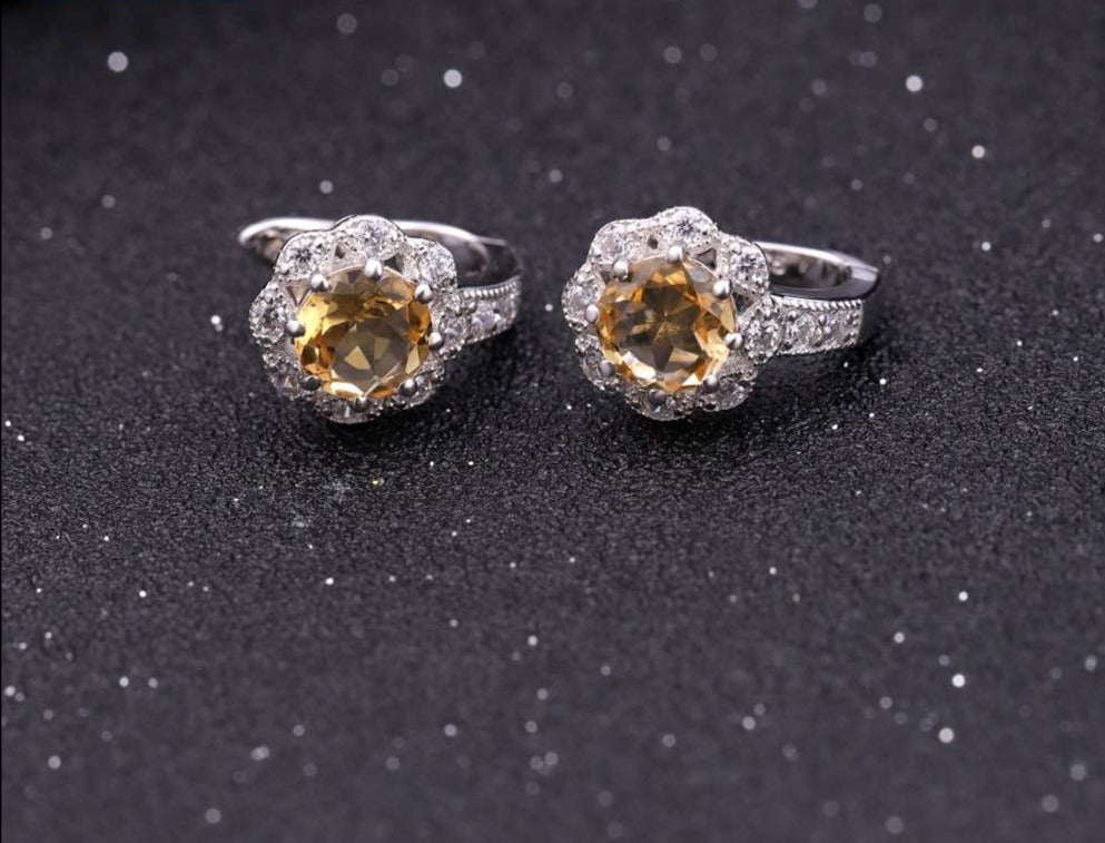 Round Cut Citrine Gemstone Halo Earrings, Cute Earings for Women