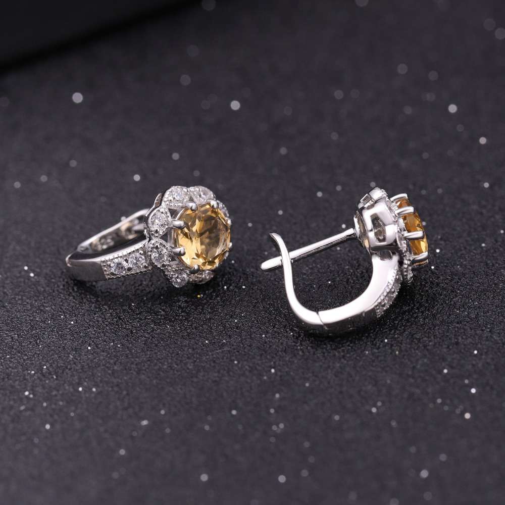 Round Cut Citrine Gemstone Halo Earrings, Cute Earings for Women