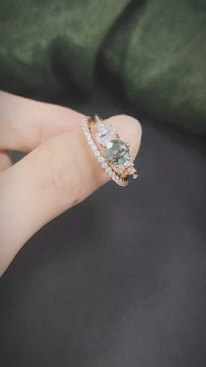 Round Cut Moss Agate Pave Engagement Ring Set in Rose Gold - 925 Sterling Silver