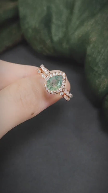 Pear Shaped Moss Agate Engagement Ring Set in Rose Gold