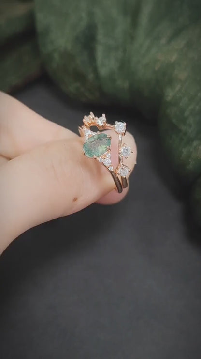 Oval Cut Moss Agate Cluster Engagement Ring Set in Rose Gold - 925 Sterling Silver