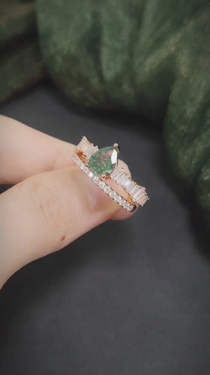 Pear Cut Moss Agate Pave Engagement Ring Set in Rose Gold - 925 Sterling Silver