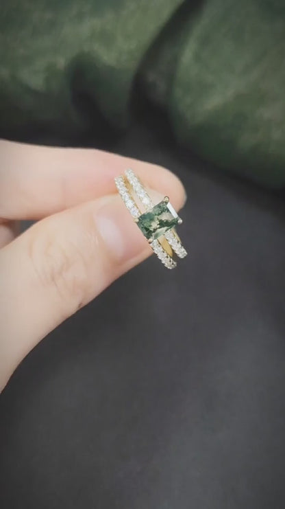 Emerald Cut Moss Agate Pave Engagement Ring Set in Gold - 925 Sterling Silver