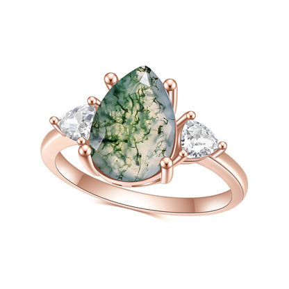 3.16Ct 8x12mm Pear Shaped-Teardrop Moss Agate Engagement Ring, 925 Sterling Silver 