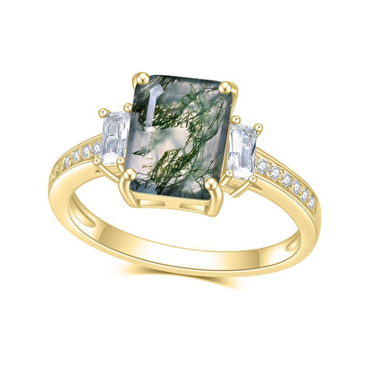 Rectangle Cut Moss Agate Ring, 4 Prong Set in 925 Sterling Silver