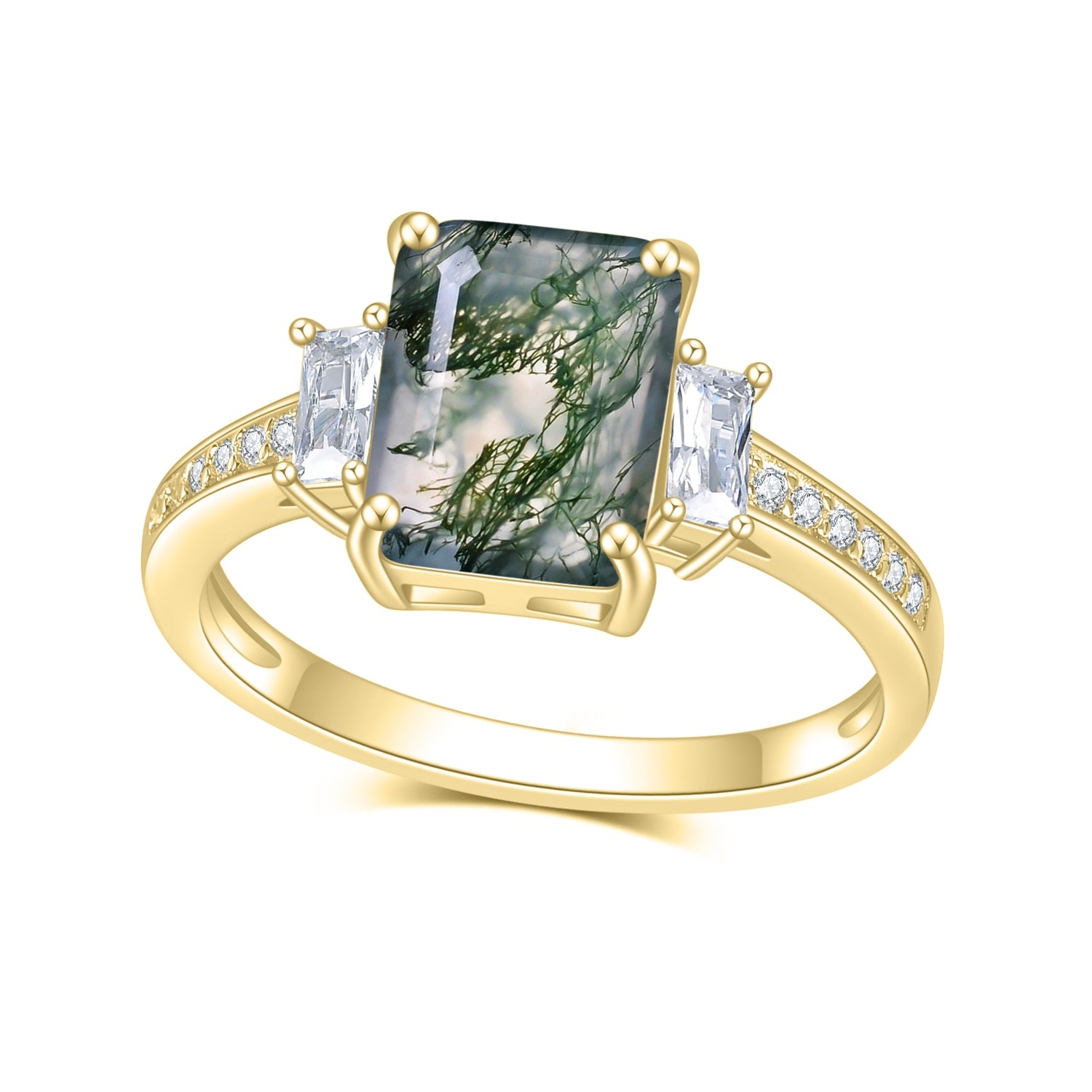 Emerald Cut Moss Agate Ring, 4 Prong Set in 925 Sterling Silver