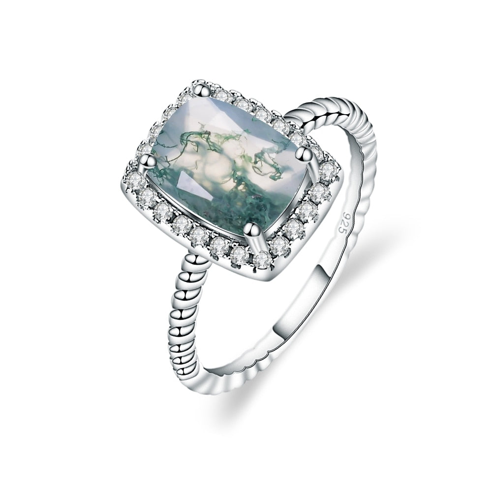 1.78Ct Cushion Cut Moss Agate Halo Engagement Rings, 925 Sterling Silver