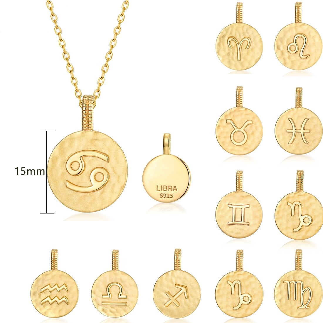 Zodiac Sign Coin Necklace, 12 Constellation Pendant, 10K Gold Plated