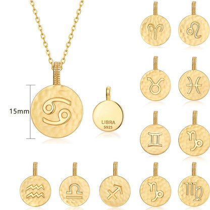 Zodiac Sign Coin Necklace, 12 Constellation Pendant, 10K Gold Plated