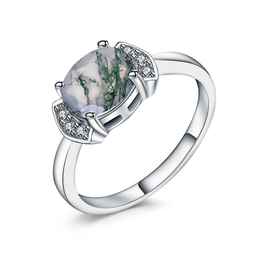 1.8Ct Oval Cut Moss Agate Cluster Engagement Rings, 925 Sterling Silver