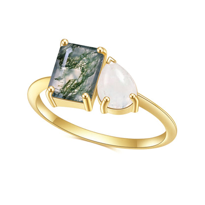 Moonstone-Moss Agate Engagement Ring, Toi et Moi Ring in 925 Sterling Silver 